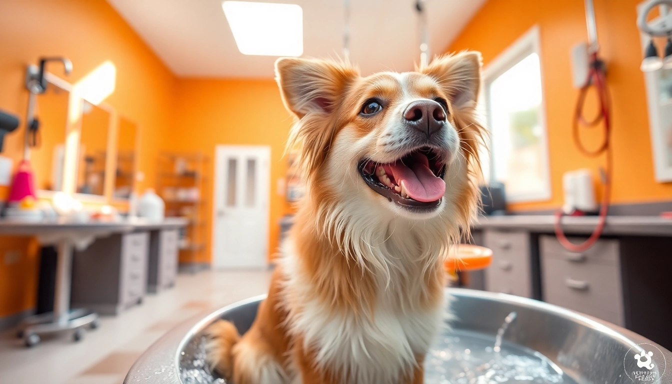 Refreshing bath for your dog at a dog wash near me, bright and inviting grooming salon atmosphere with joyful pets.