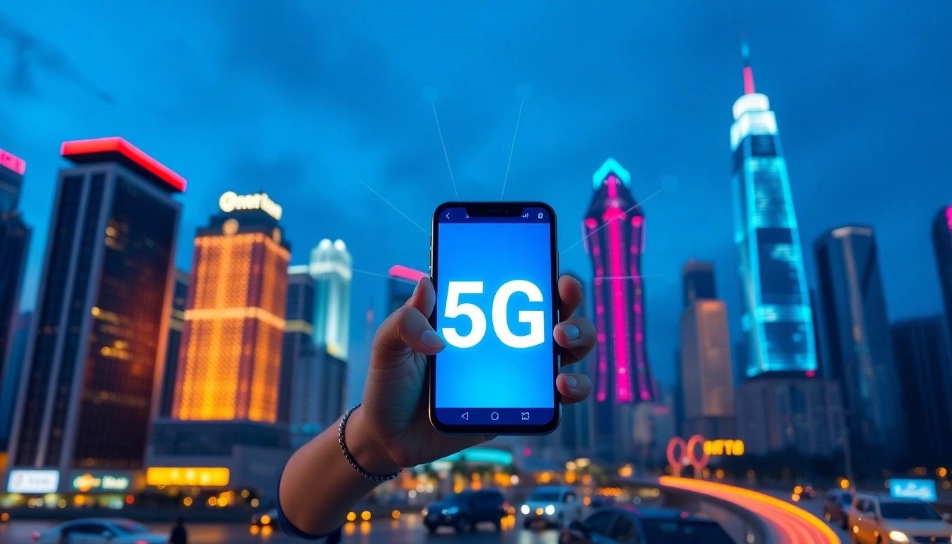 香港夜晚城市天際線，前景一名年輕專業人士手持手機顯示5G網絡圖示，背景繁華都市與數碼元素融合，展現科技與連接的未來感。