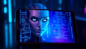 Futuristic AI character on a digital interface with neon lighting and sleek design.