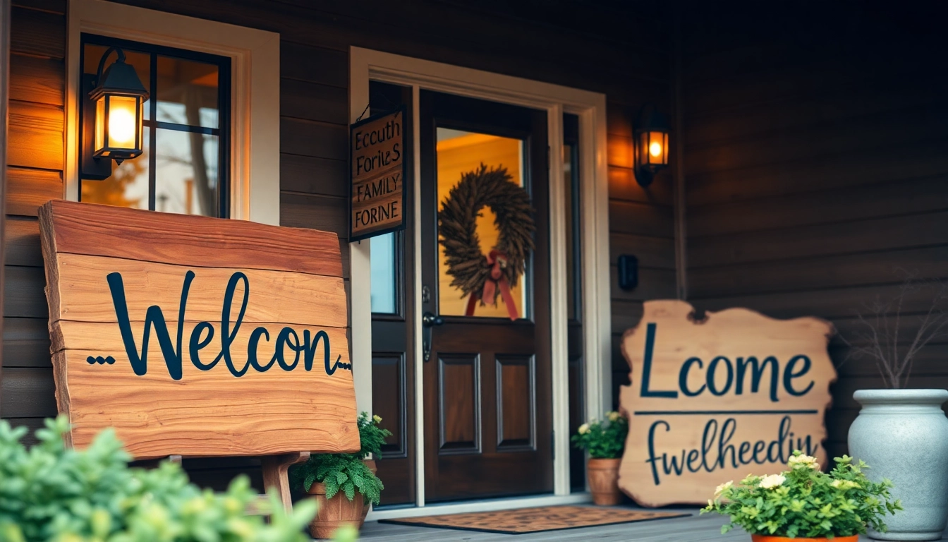 Colorful wooden welcome signs on a charming porch inviting guests with rustic charm and personalized details.
