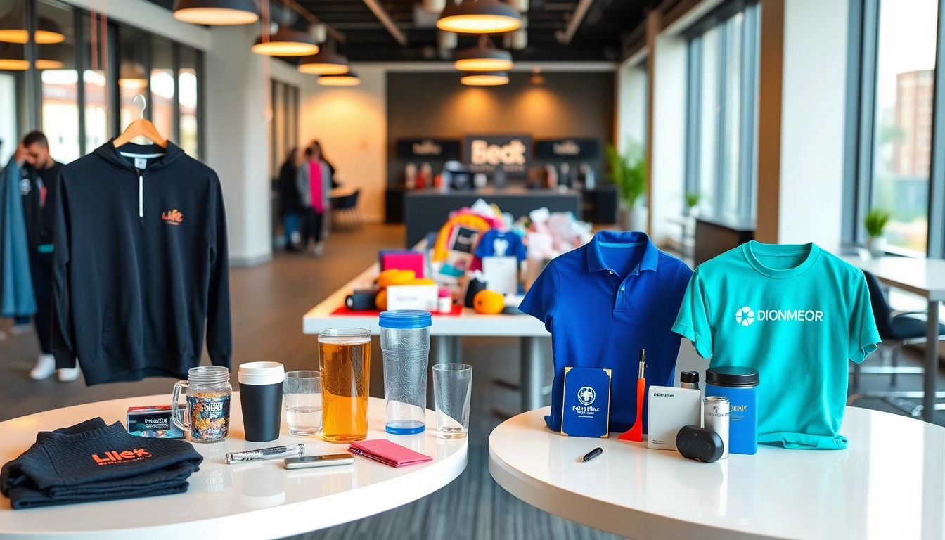 A selection of high-quality promotional products in Louisville including branded apparel, tech gadgets, and drinkware arranged neatly for branding success, appealing and easy-to-visualize.