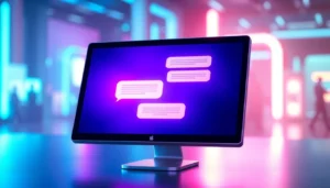 A futuristic computer screen with vibrant chat bubbles in a cyber-themed environment.