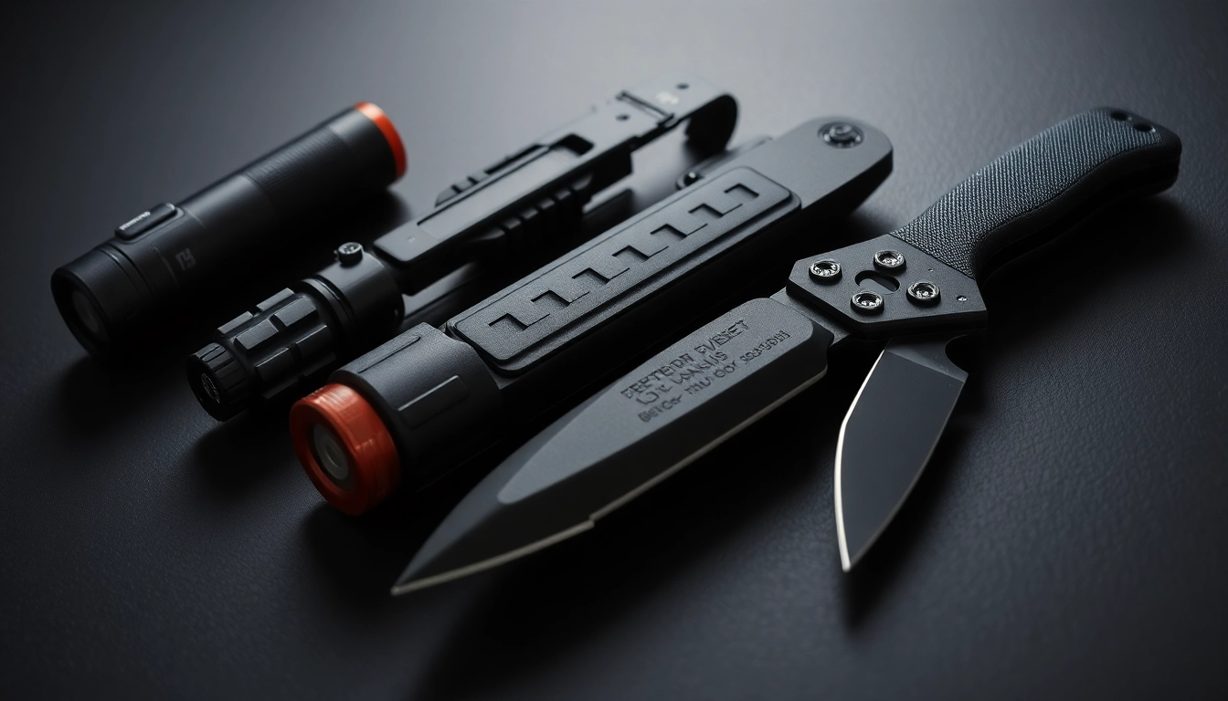 Self-Defense Weapons such as pepper spray, stun gun, and tactical knives displayed for personal safety and protection strategies.