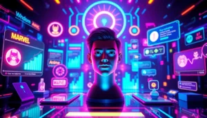 Digital avatar surrounded by fandom icons in a glowing virtual social media environment.