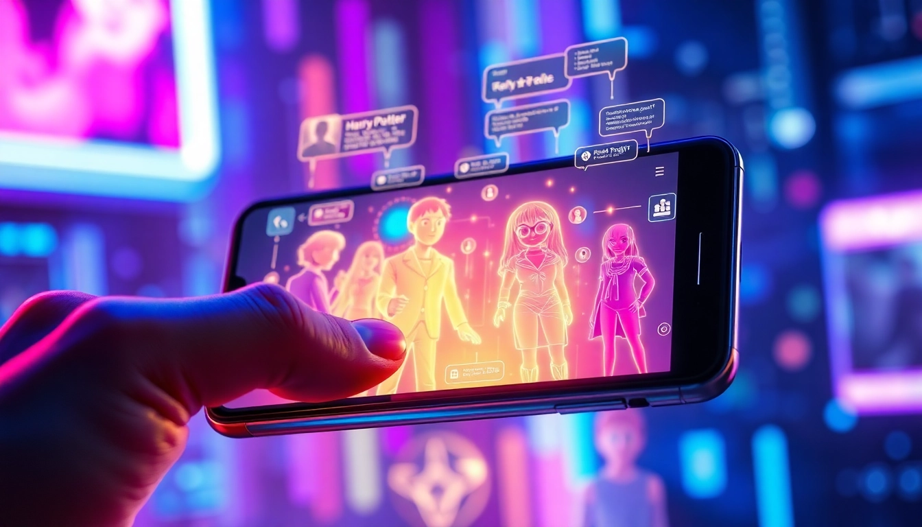 Futuristic social media app interface with AI characters and vibrant neon colors.