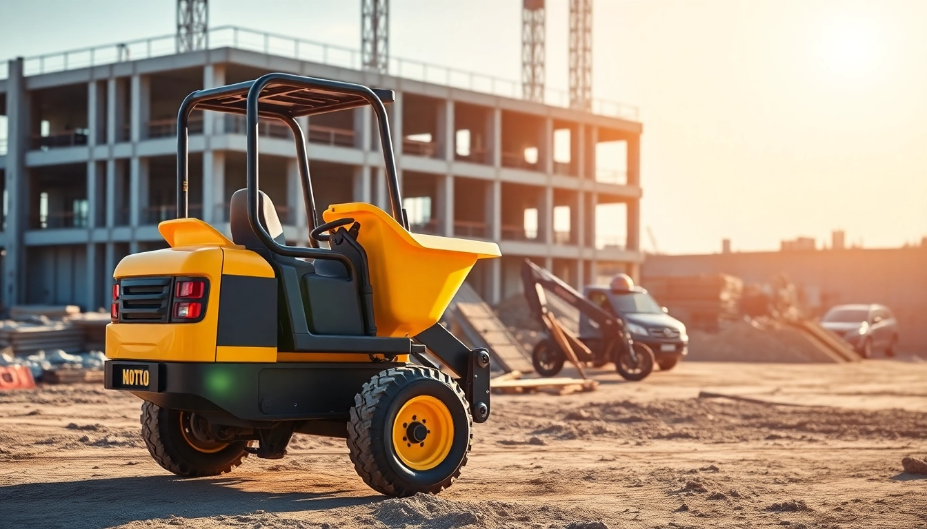 Reliable dumper rental services featuring compact, easy-to-manoeuvre mini dumpers on busy construction sites for efficient material handling.