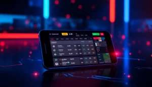 Laser247 logo displayed on a smartphone screen showing live betting options and sports odds for user engagement.