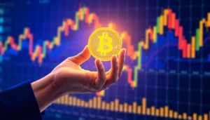 Bitcoin investment concept showing a glowing coin with financial charts, symbolizing digital asset growth