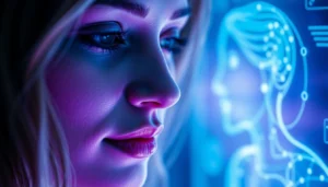 AI girlfriend engaging in a virtual conversation on a sleek screen, showcasing emotional connection and modern digital aesthetics.