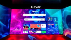 Naver homepage with dynamic search bar, Korean branding, and colorful icons representing various services, highlighting Naver’s digital ecosystem for users.
