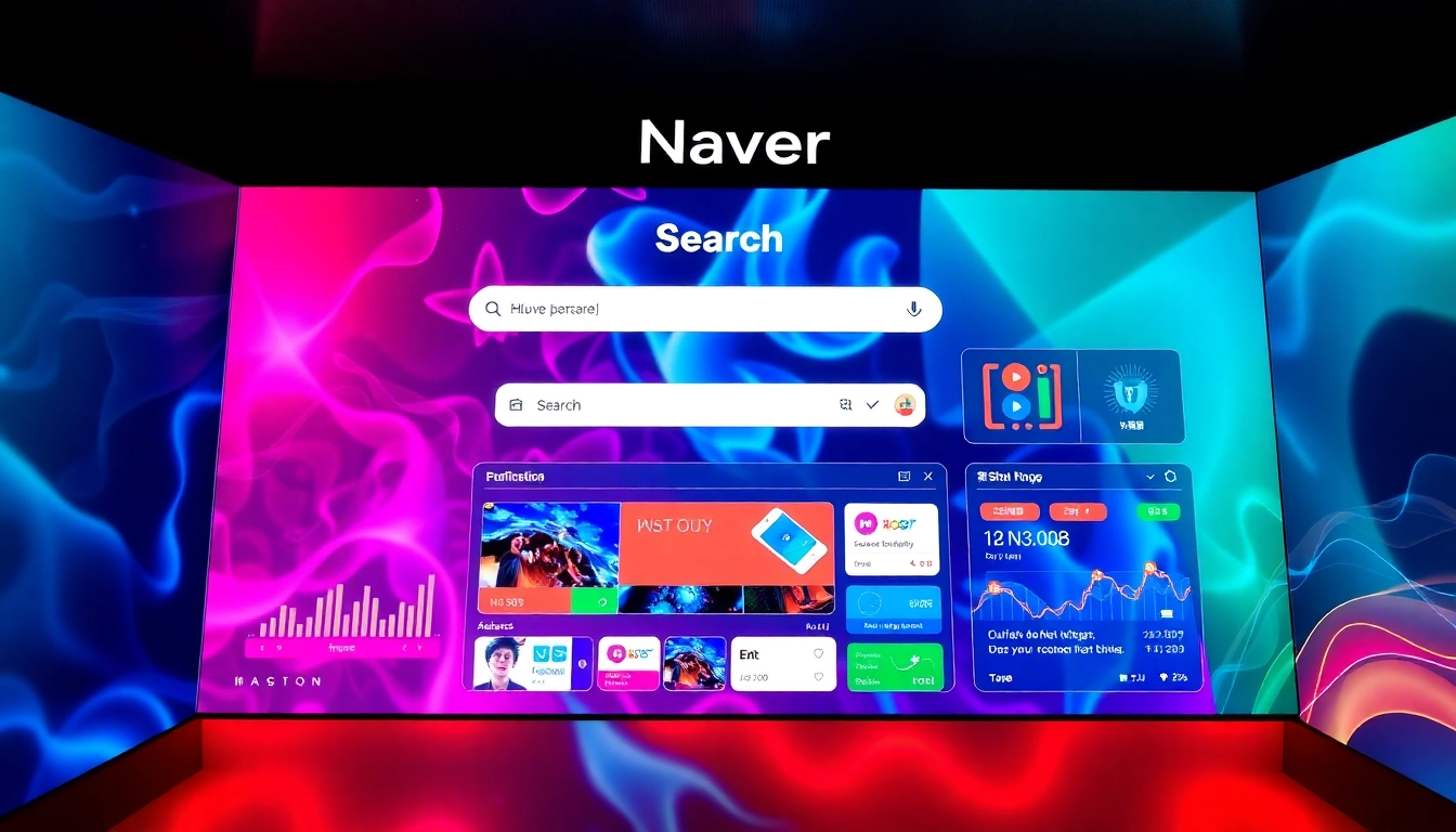 Naver homepage with dynamic search bar, Korean branding, and colorful icons representing various services, highlighting Naver’s digital ecosystem for users.