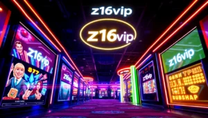 Z16vip online casino platform with sleek interface, neon lights, and engaging visual elements for easy recognition and trust.