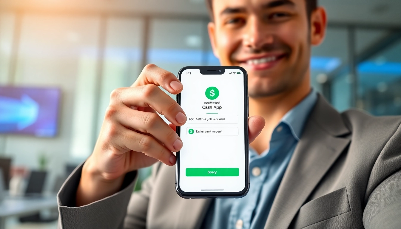 Close-up of a person holding a smartphone showing a verified Cash App account with a modern office background.
