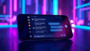 Futuristic AI chatbot interface on a sleek device with neon-lit background and suggestive conversation bubbles.