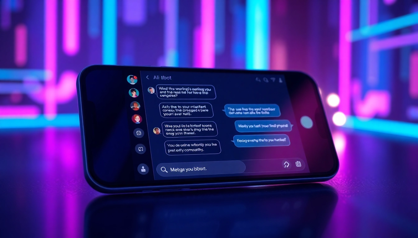 Futuristic AI chatbot interface on a sleek device with neon-lit background and suggestive conversation bubbles.