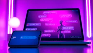 Digital interface with AI characters engaging in spicy sexting conversations on devices with neon-lit background.