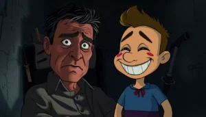 A distressed man faces a cheerful cartoon character in a dark, unsettling room, with tools and shadows highlighting moral conflict.