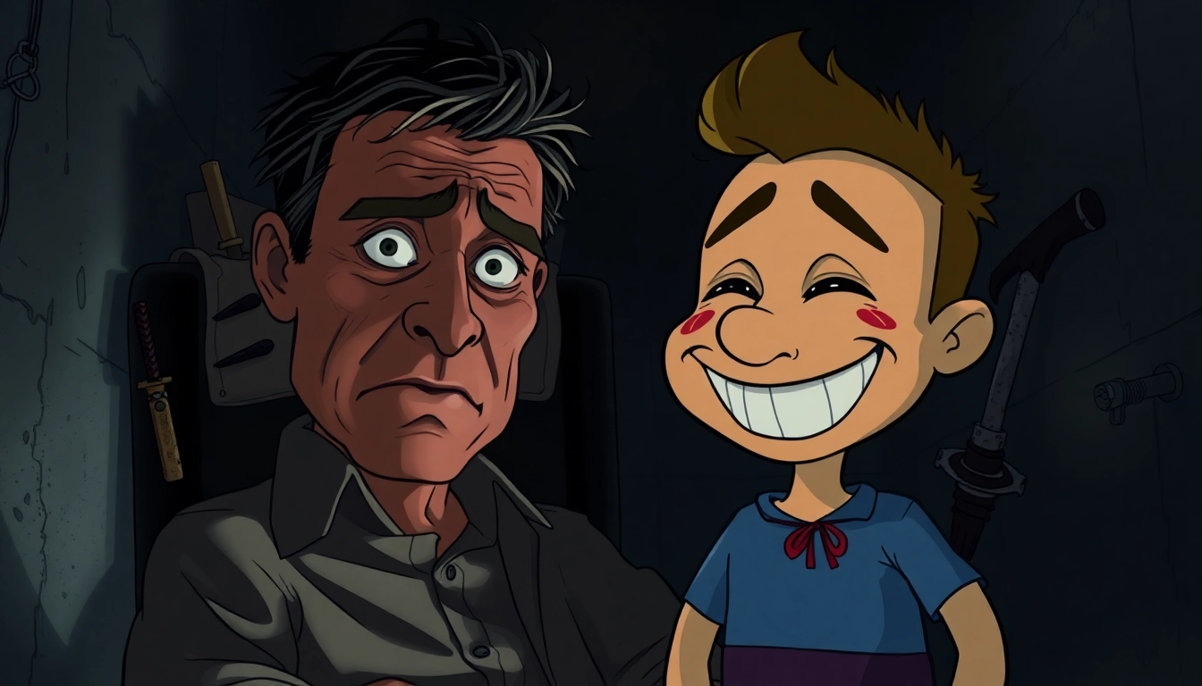 A distressed man faces a cheerful cartoon character in a dark, unsettling room, with tools and shadows highlighting moral conflict.
