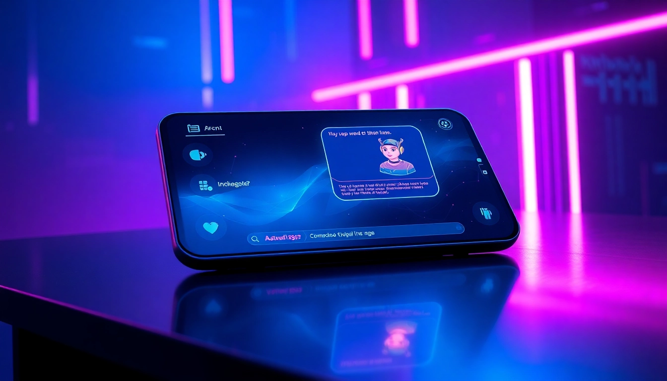 Futuristic AI chatbot interface on a sleek device screen with neon cyberpunk background.