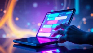 A futuristic AI chatbot interface on a sleek device with colorful chat bubbles and digital patterns.