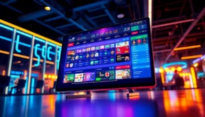 Digital sportsbook and casino interface with vibrant neon accents and betting options on a modern screen