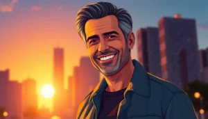 A stylish middle-aged man smiling confidently in an urban sunset scene.