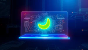 Futuristic AI interface with holographic banana icon and data visualization in neon colors