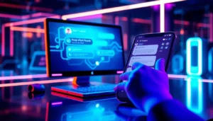 A futuristic digital interface showing an AI chatbot on a computer screen with user interaction elements.