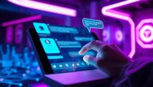 Close-up of a user interacting with a futuristic AI chat interface on a high-tech device with neon lighting.