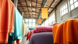 Towels manufacturer in Europe showcasing luxurious, plush towels in a clean, eco-friendly factory setting for quality and craftsmanship.