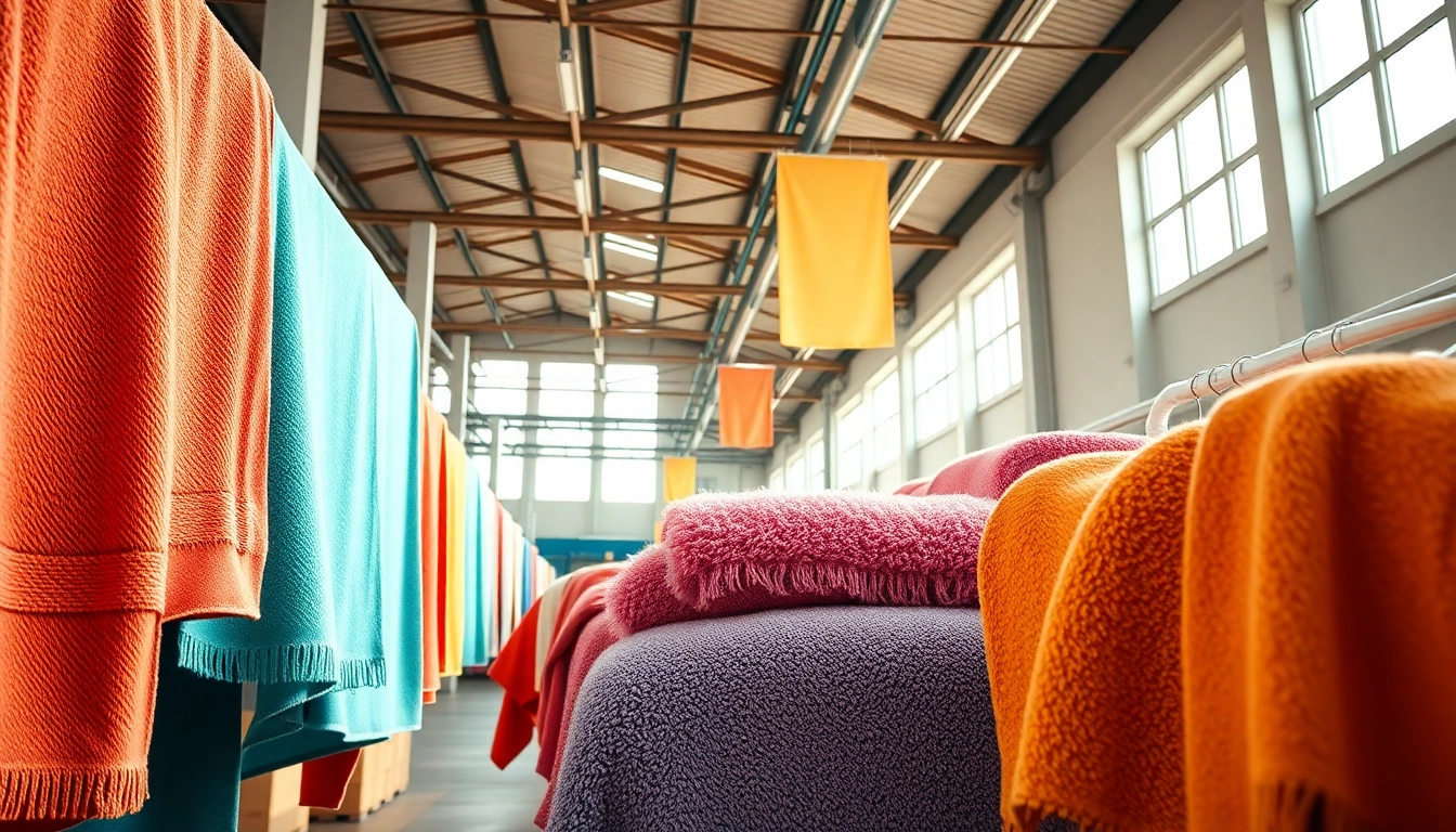 Towels manufacturer in Europe showcasing luxurious, plush towels in a clean, eco-friendly factory setting for quality and craftsmanship.