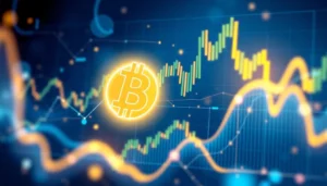 Bitcoin logo displaying market fluctuations and digital trading activity for cryptocurrency
