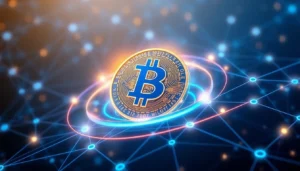 Bitcoin digital coin floating over blockchain network representing secure digital currency