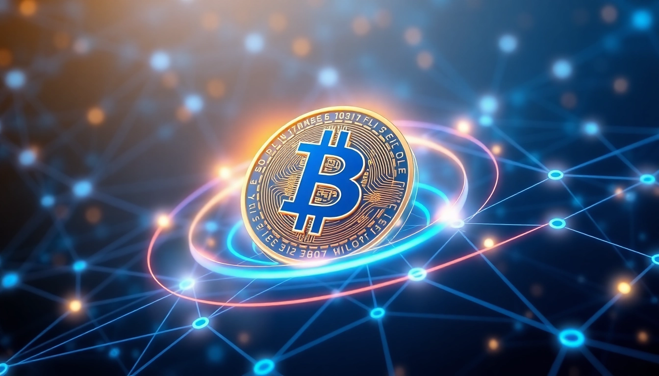 Bitcoin digital coin floating over blockchain network representing secure digital currency