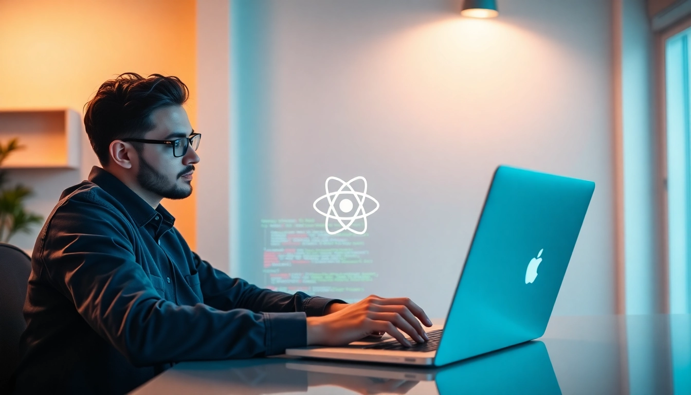 Freelance react developer coding professionally in a modern workspace for tech project success