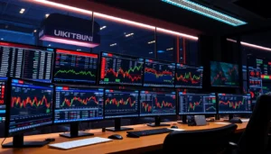 Trading News UK headlines and charts displayed on monitors in a busy financial news studio