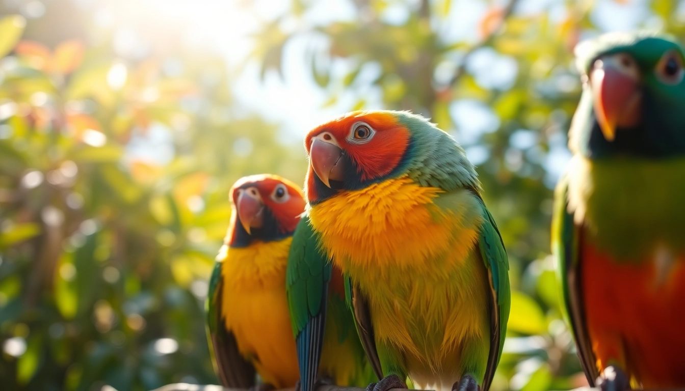 Detailed image of smiling pet birds sitting on a branch amidst lush greenery, showcasing their