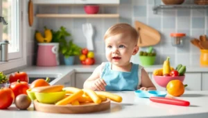 Bright kitchen with healthy baby foods and silicone feeding accessories promoting alimenti sani