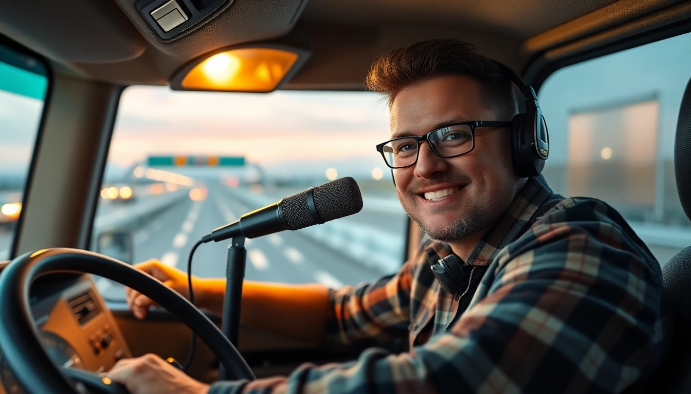 Truckers voice captures engaging stories inside a truck cab during a night drive for better outreach