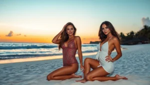 Professional Dominican escorts relaxing on a tropical beach, offering luxurious experiences in