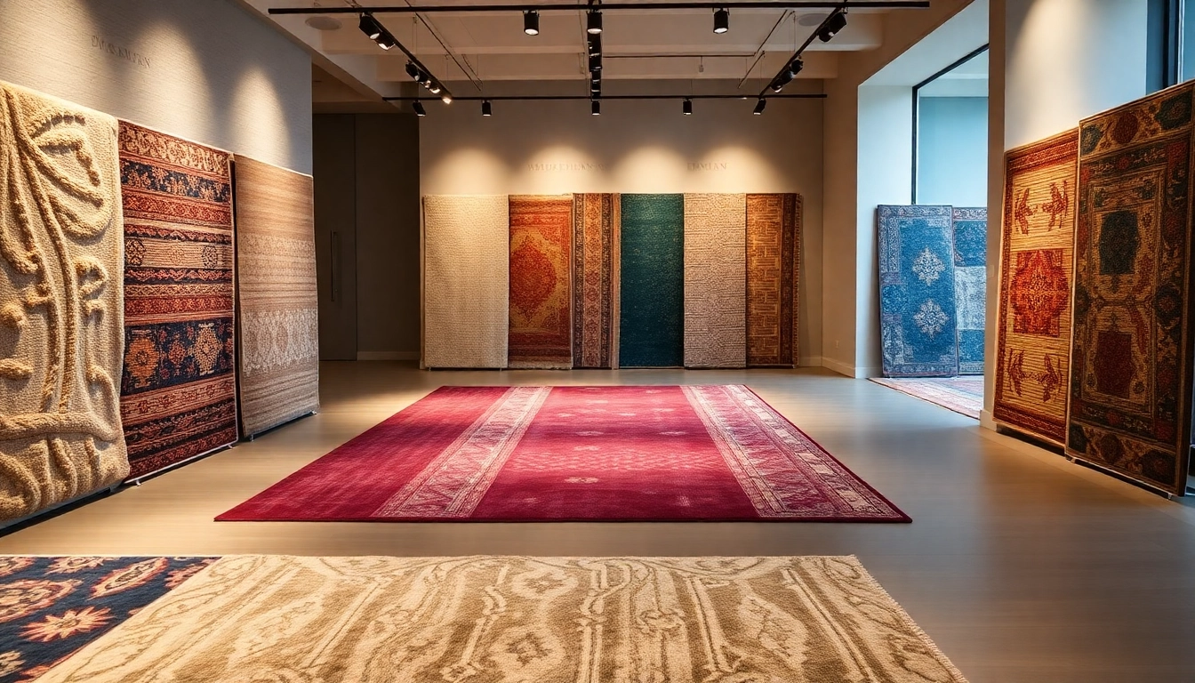 Stylish showroom displaying a diverse selection of tappeti a Milano with intricate patterns and