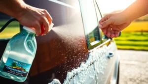 Effective Wohnmobilreiniger spray cleaning a campervan exterior with foam and water for a
